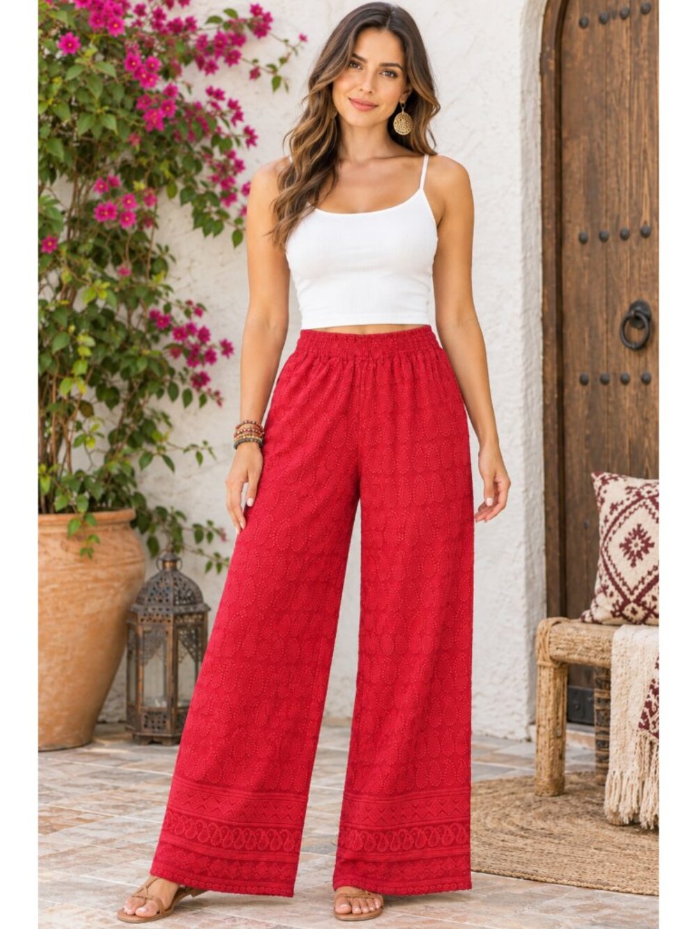 Naira Embroidery Red Pants Paisley Print Size Medium Elastic Waist Casual Travel